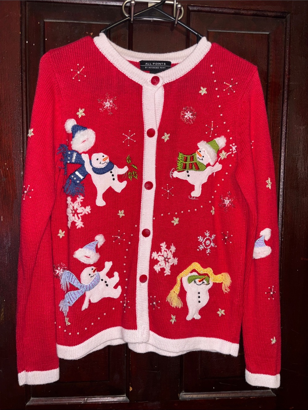 All Points Red Snowman Embroidered Holiday Cardigan